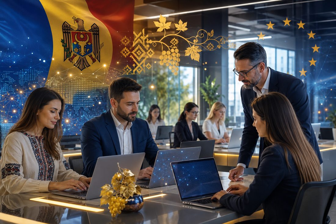 A diverse team collaborating in a modern Moldovan tech office, with EU and Moldovan symbols in the background